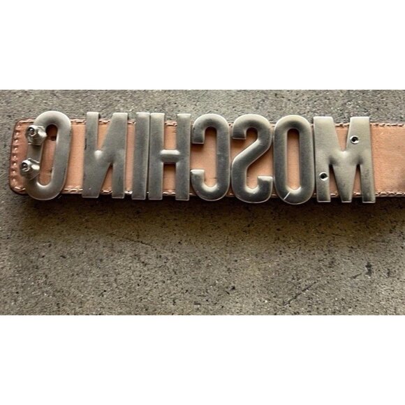 MOSCHINO Silver Embellished Logo Lettering Belt Leather Women’s Sz 44 Italy Made